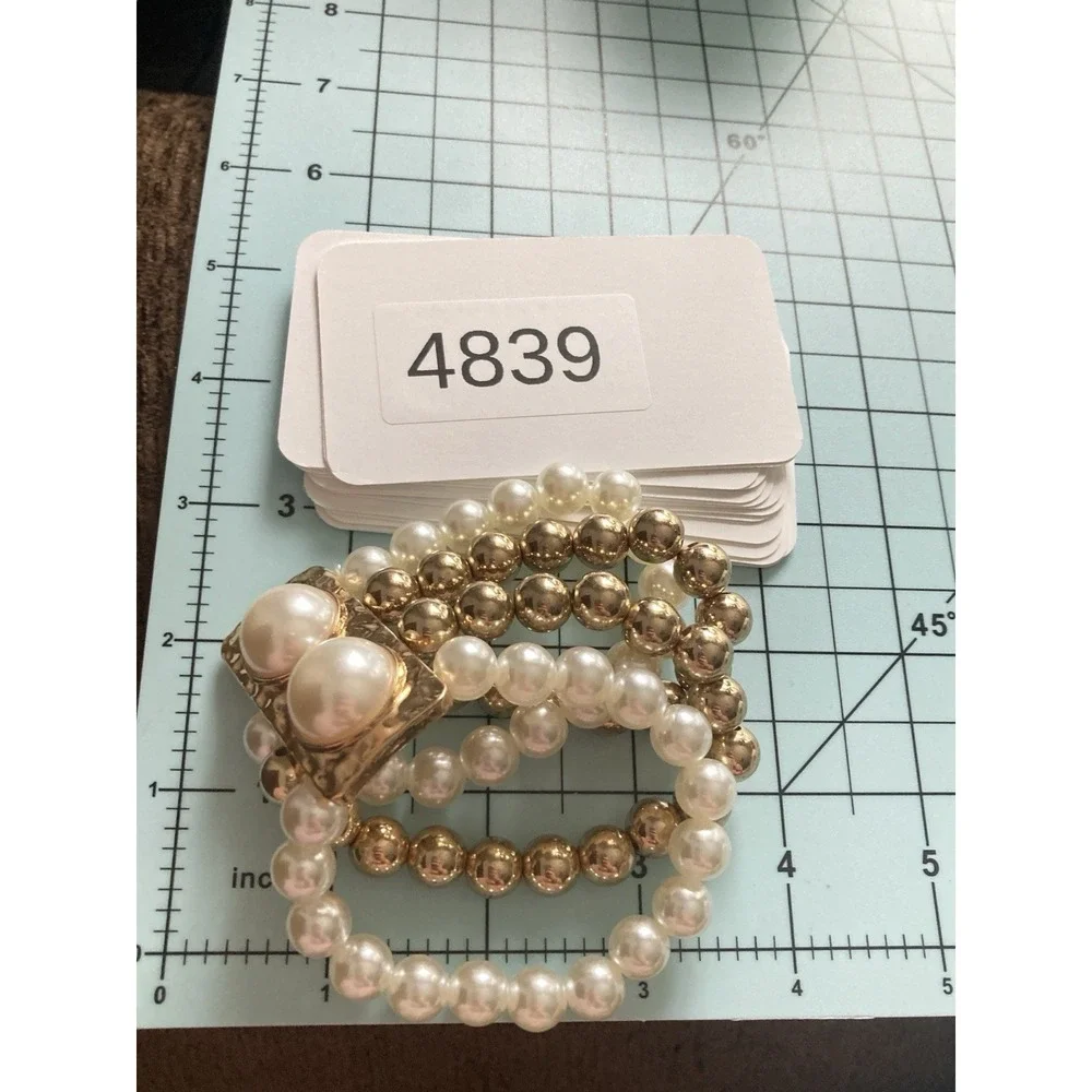 Gold Tone Faux Pearl Stretch Bracelet‎ Set Stacked Beaded Hammered Bold Glam